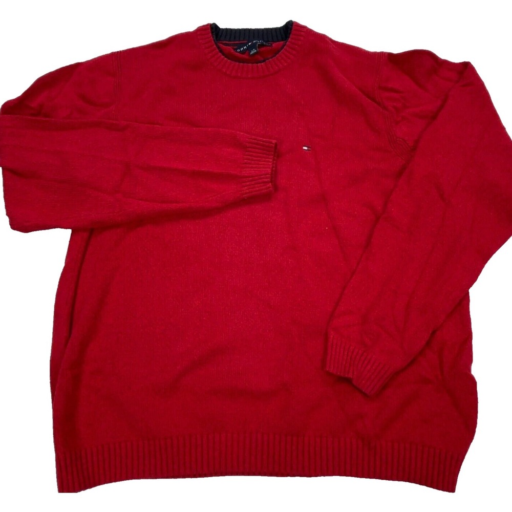 Tommy Hilfiger Sweater‎ Men Large Red Blue Crew Neck Knit Ribbed Pullover Soft